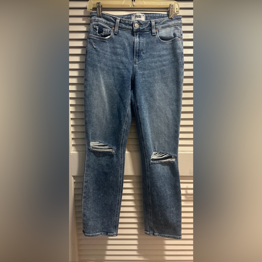 Paige Women Sz 27 Amber Blue Mid-Rise Distressed Straight Leg Ankle Jeans